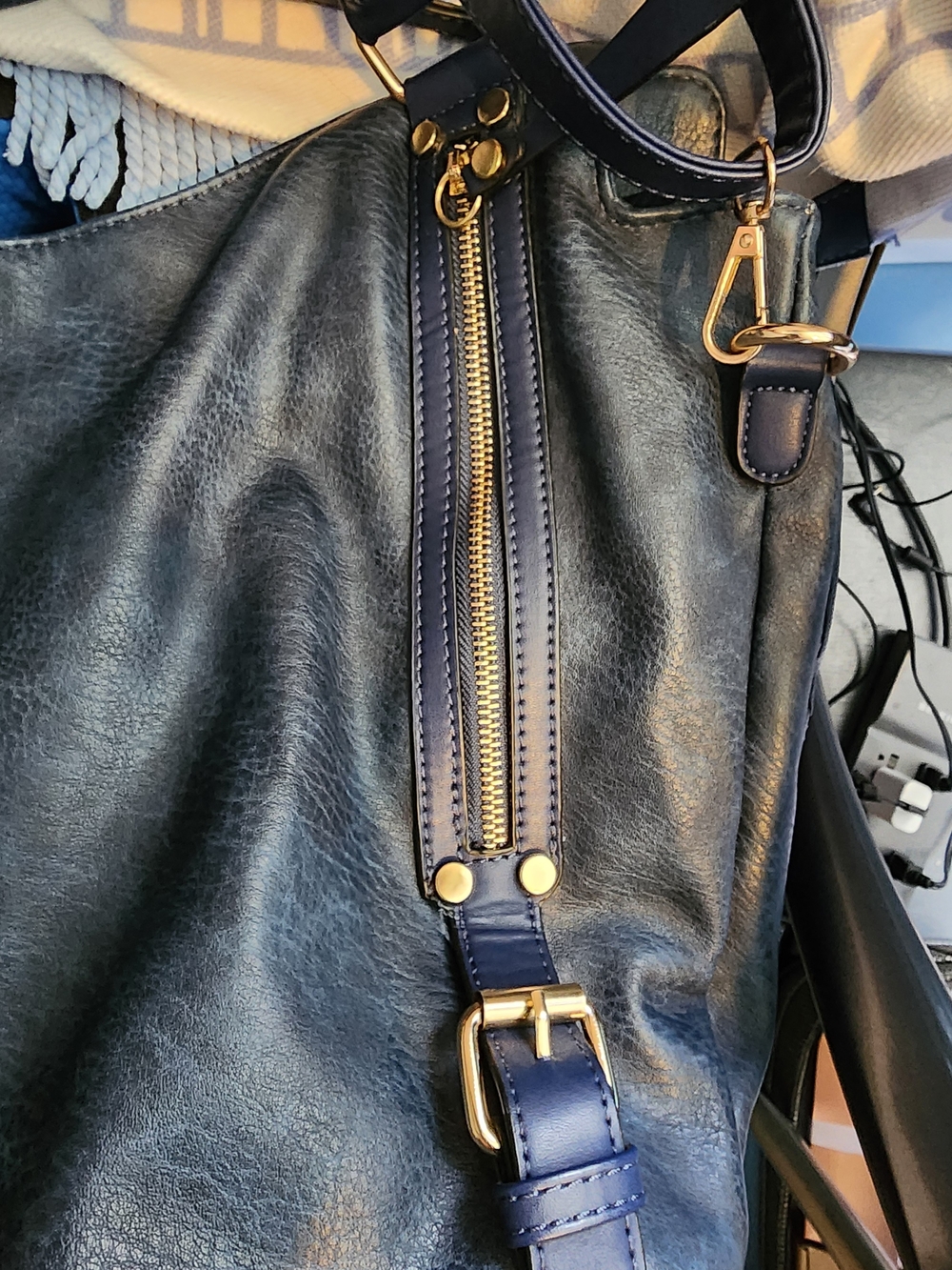 Classic Navy Vegan Leather Tote Bag with Detachable Strap 17x11 - Picture 7 of 8